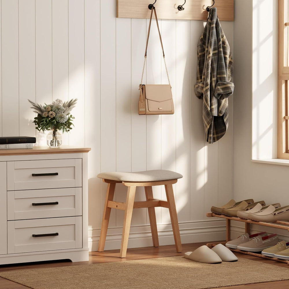 Solid Wood Vanity Stool, Padded Foot Stools Ottoman, Natural