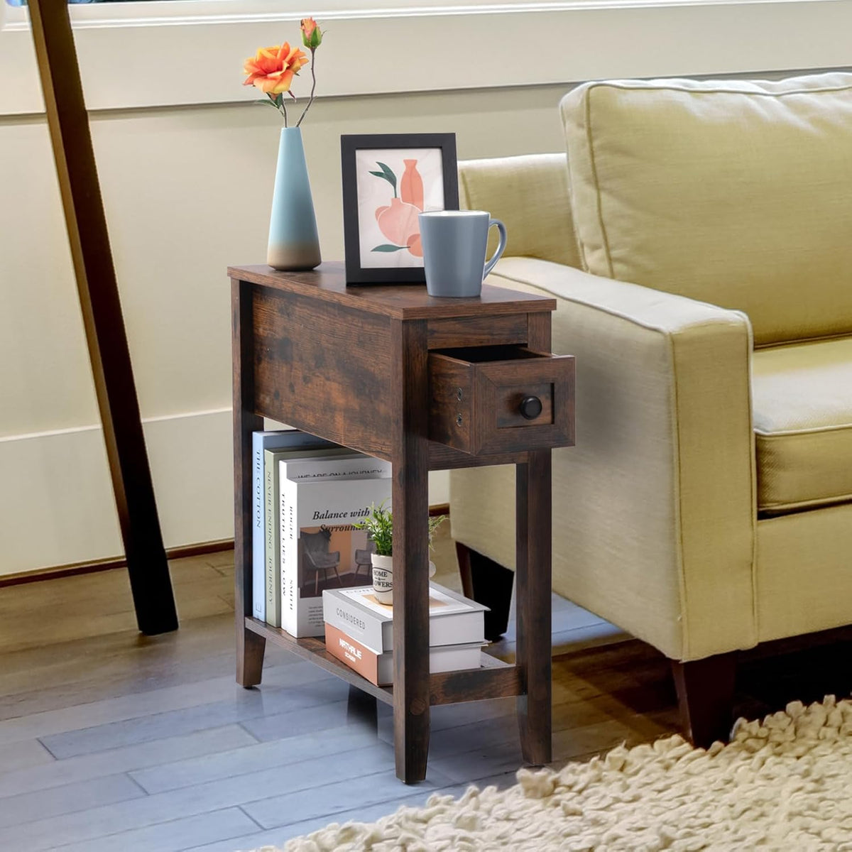 Brown Chairside Narrow End Table, Solid Wood Recliner Side Table with Drawer, Slim Nightstand Bedside Table for Living Room Bedroom