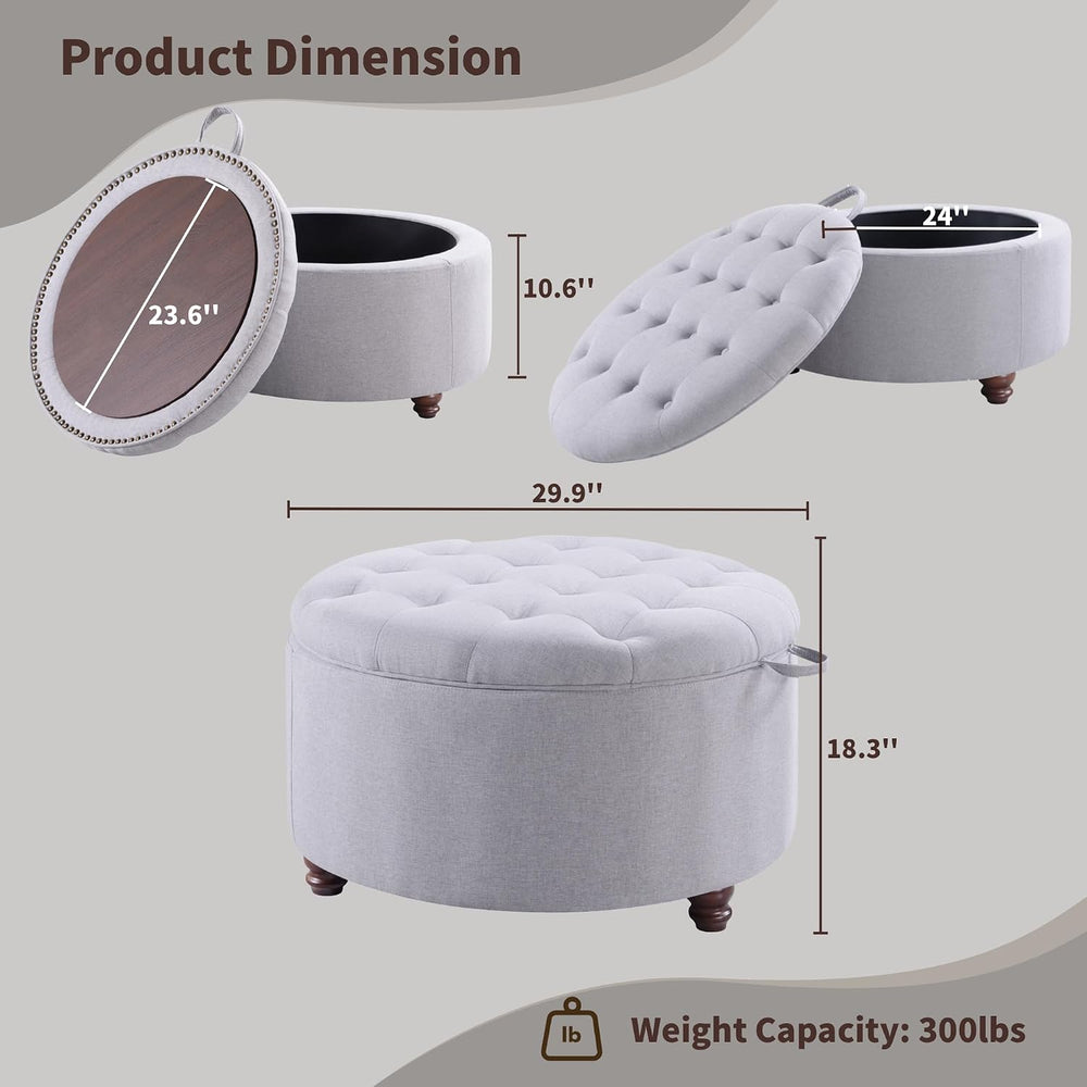 30" Round Storage Ottoman Coffee Table, Tufted Lid & Wood Top, Gray