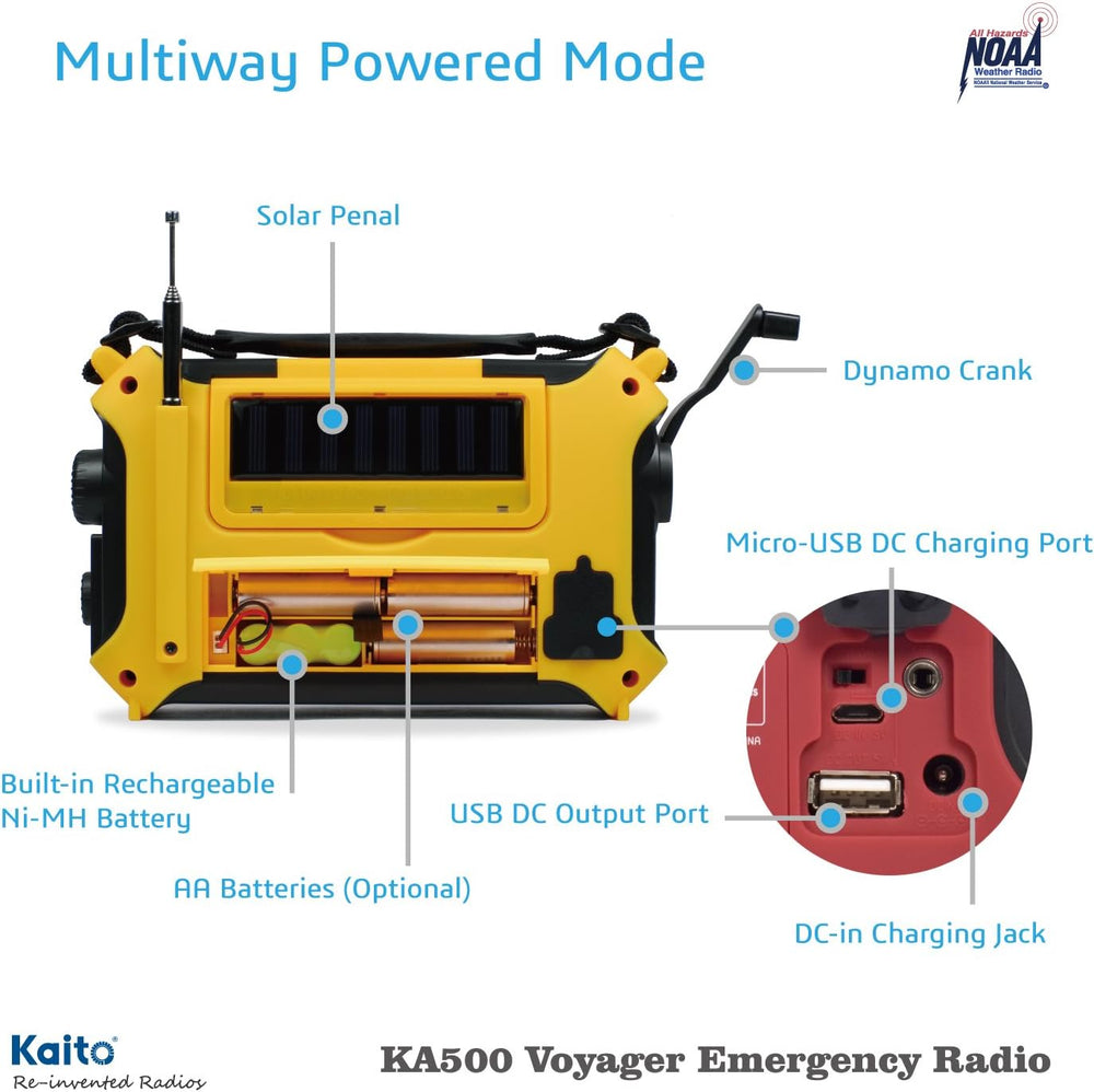 Kaito KA500 5-way Powered Solar Power,Dynamo Crank, Wind Up Emergency AM/FM/S...