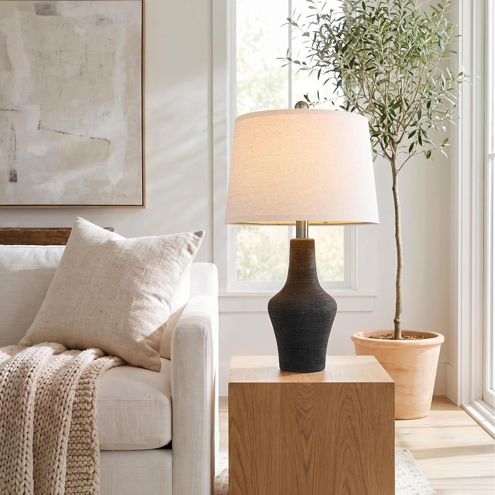 23" Farmhouse Ceramic Table Lamp Modern Bedside Lamps Matte Black