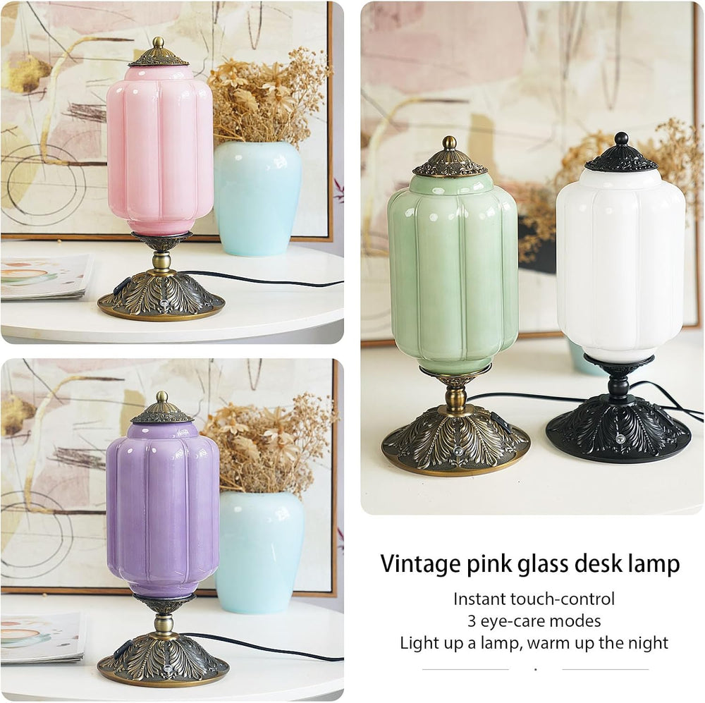 Vintage Pink Milk Glass Touch Bedside Lamp, 3-Way Dimmer, USB-C+A