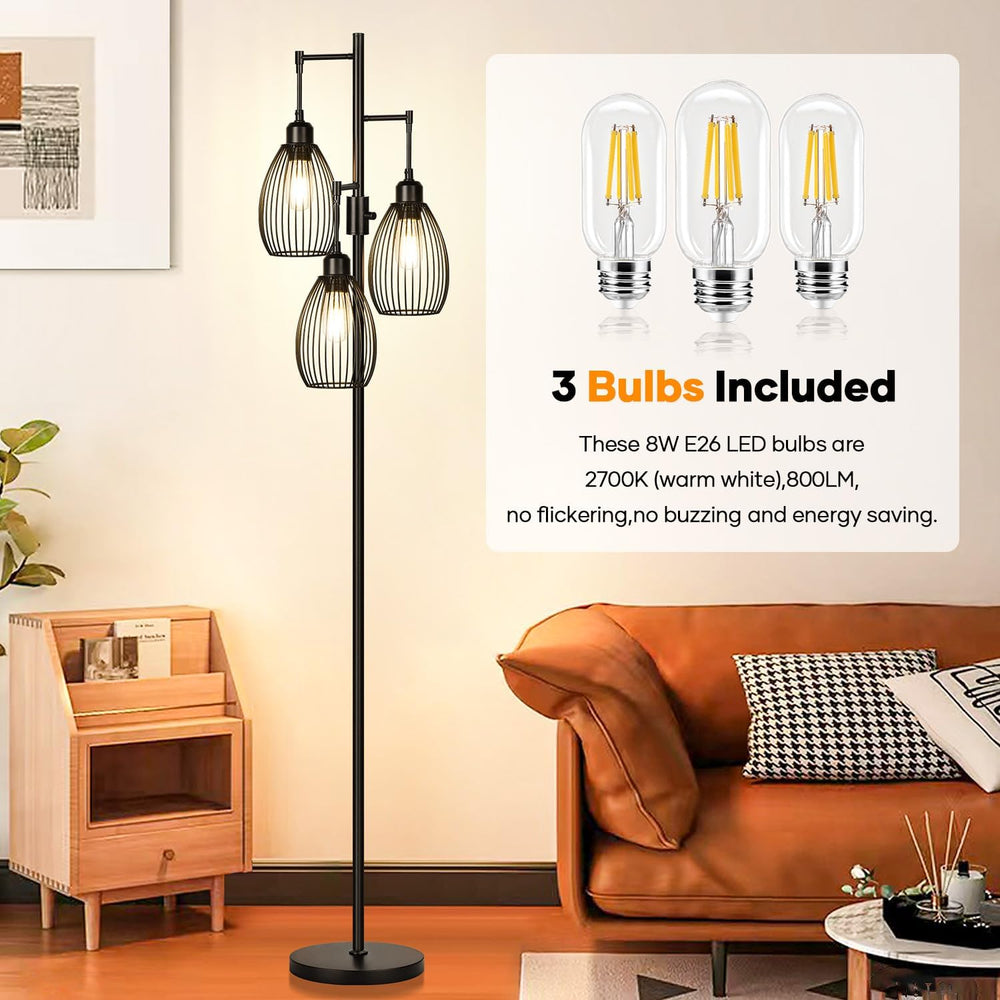 Dimmable Floor Lamp, 3 x 800LM LED Edison Bulbs Included, Farmhouse Industria...