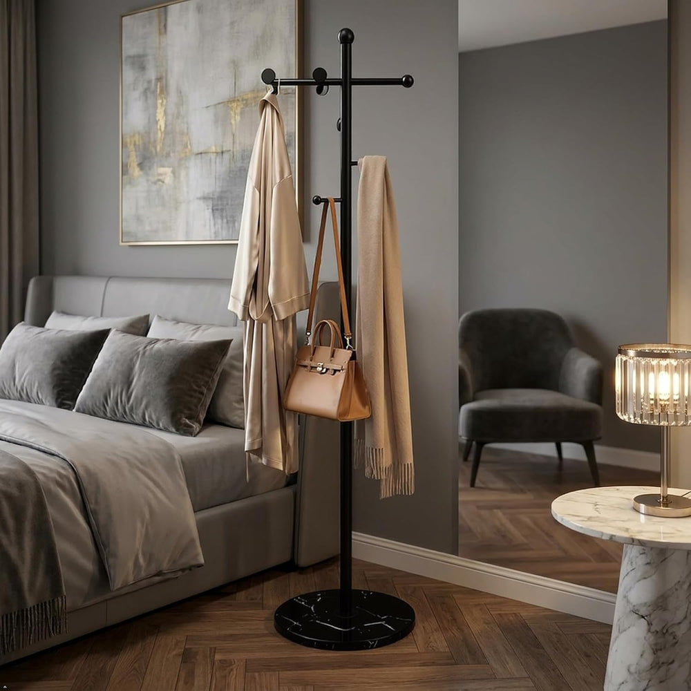 Modern Freestanding Coat Rack, with Marble Base and 8 Hooks