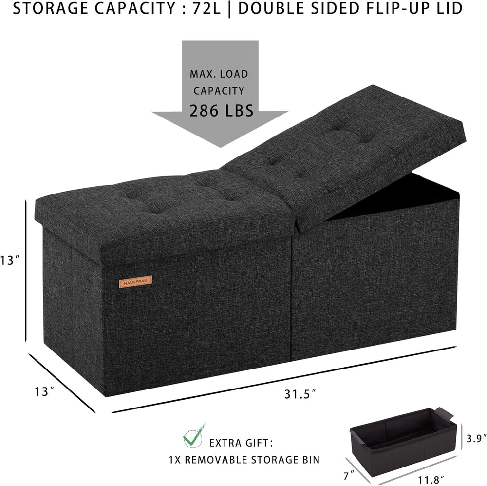 HAUSFRAU Ottoman with Storage Bench Folding Foot Rest Stool Linen Espresso