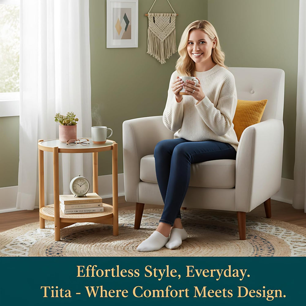 Tiita Natural Rattan End Table with Storage, Bamboo Glass Top Side Table