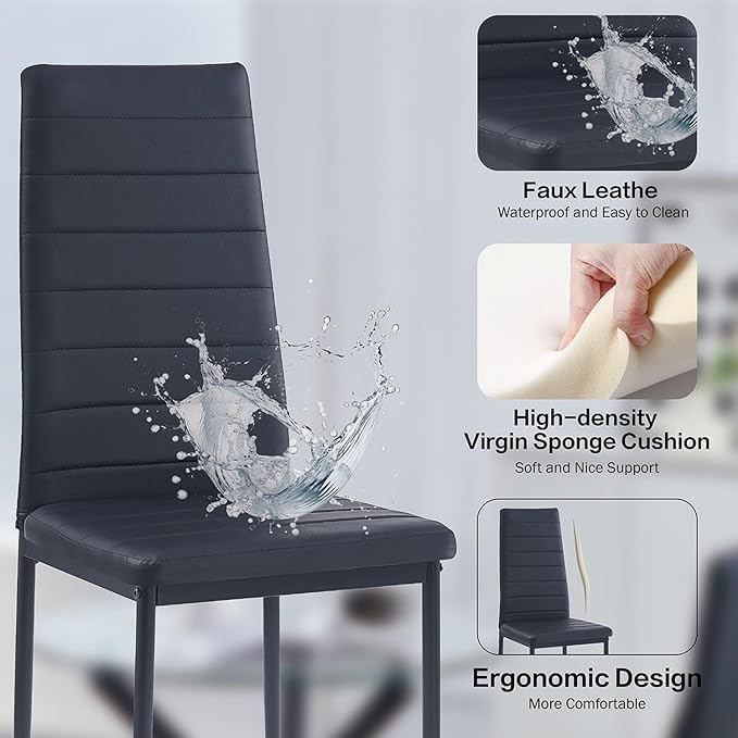 Black PU Dining Chairs Set of 4, Modern Kitchen & Dining Room Chairs Faux Leather Upholstered Dinner Chairs with Metal Legs for Small Space (Black, Horizontal line)
