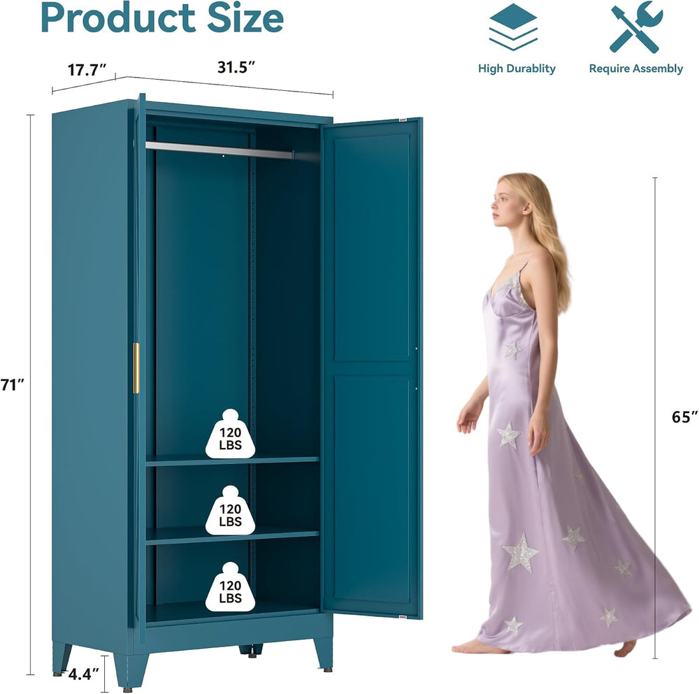 Metal Wardrobe Closet with Doors and Shelves, 71" Farmhouse Bedroom Armo...