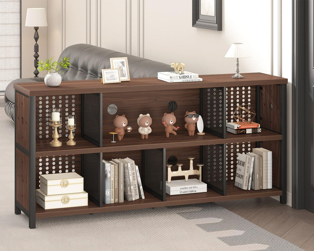 LVB Wood Horizontal Bookshelf, Industrial Bookcase with Storage, Walnut 63"