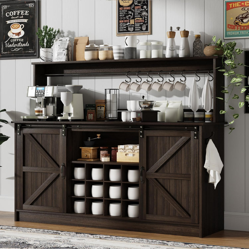 4ever2buy 55" Farmhouse Coffee Bar Cabinet with Storage Hutch, Oak