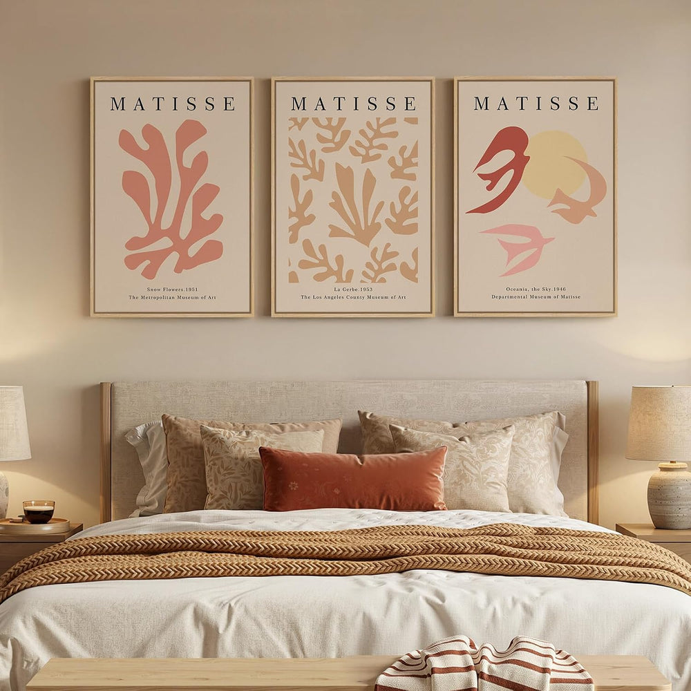 Large Framed Pink Abstract Matisse Canvas Wall Art for Living Room, 3 Piece