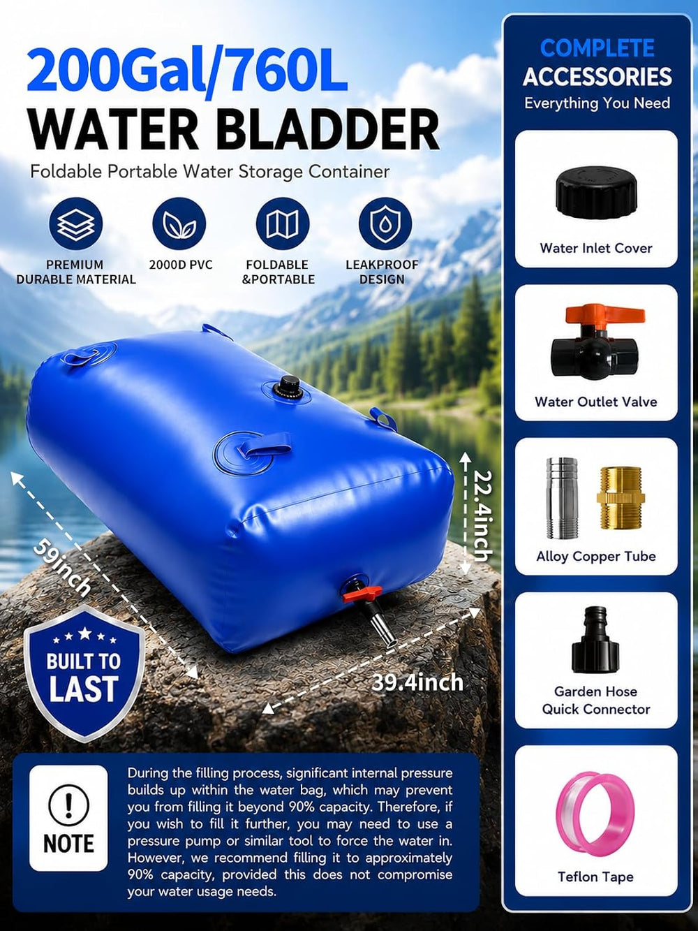 200 Gallon Water Bladder Tank, 2000D PVC Portable Water Storage Bag Blue