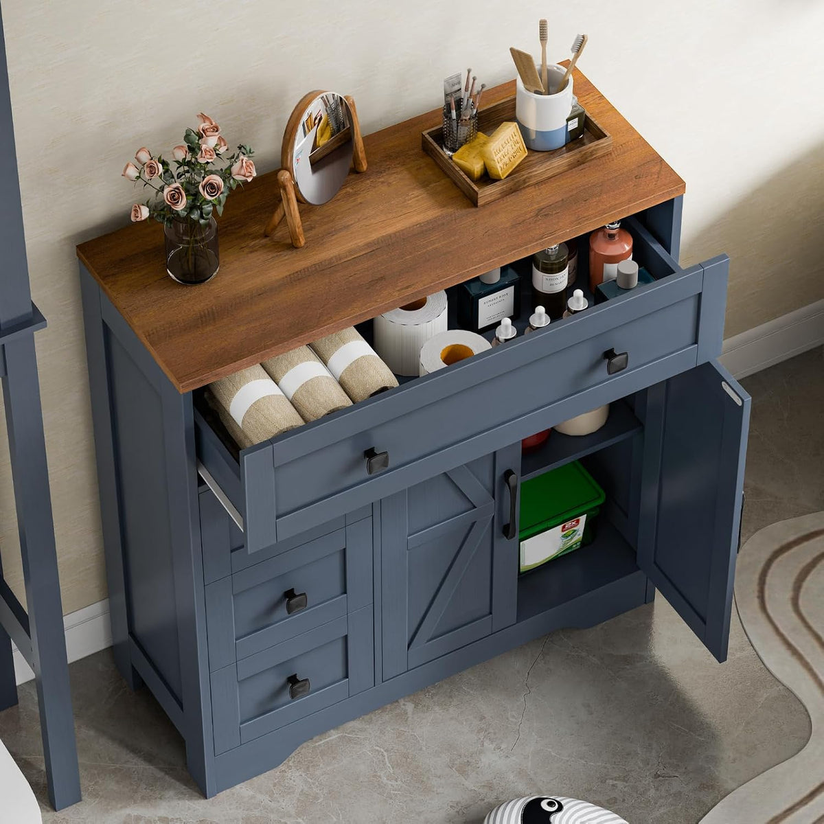 Vabches Farmhouse Storage Cabinet with 2 Doors and 4 Drawers, Blue