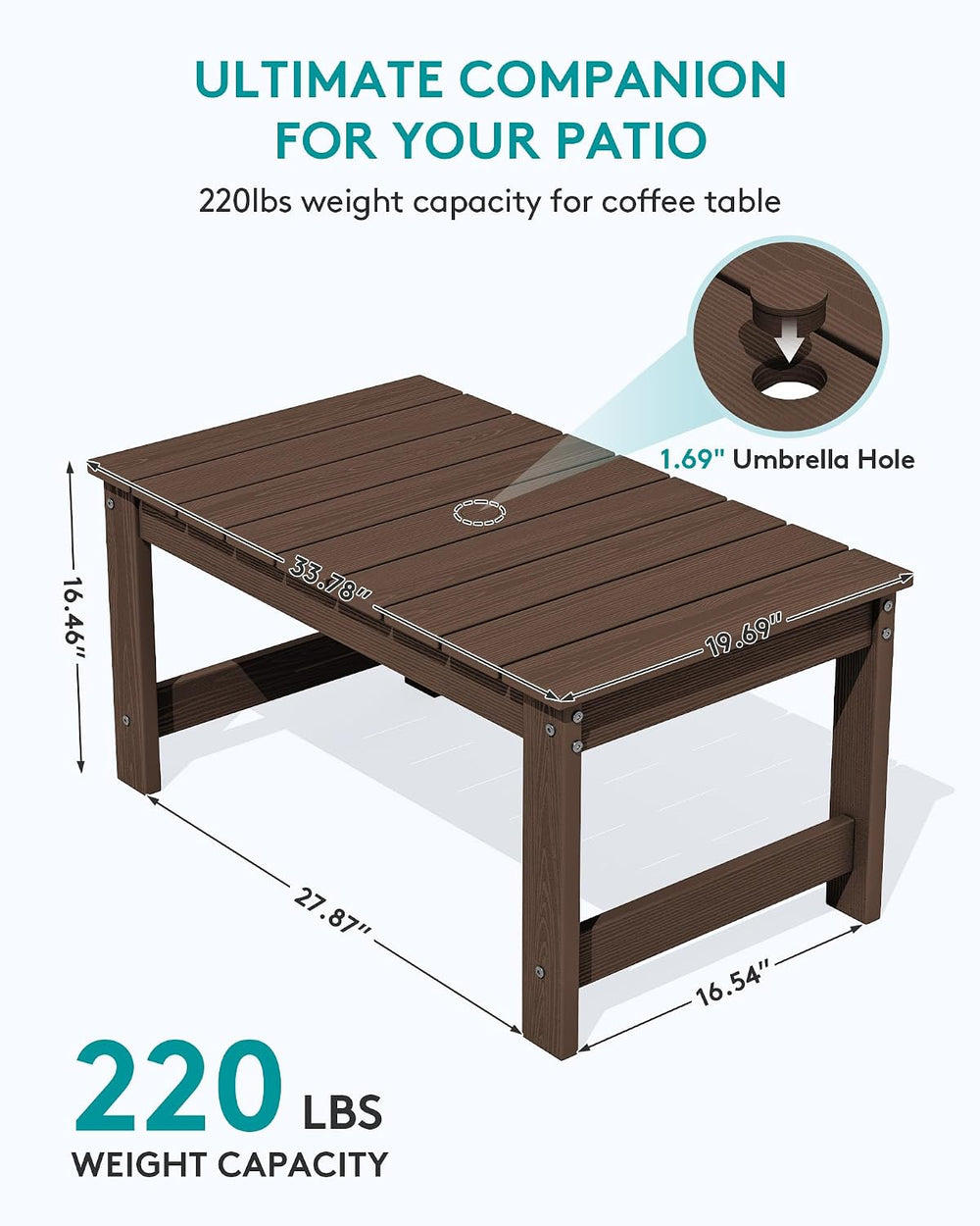 SERWALL HDPE Outdoor Coffee Table with Umbrella Hole, Coffee