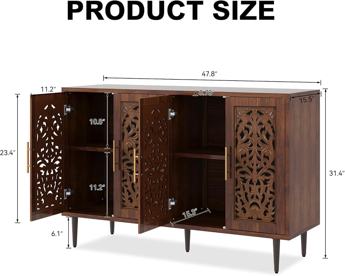 ARTPOWER 47.8" Vintage Accent Cabinet with 4 Hollow Carving Doors, Walnut