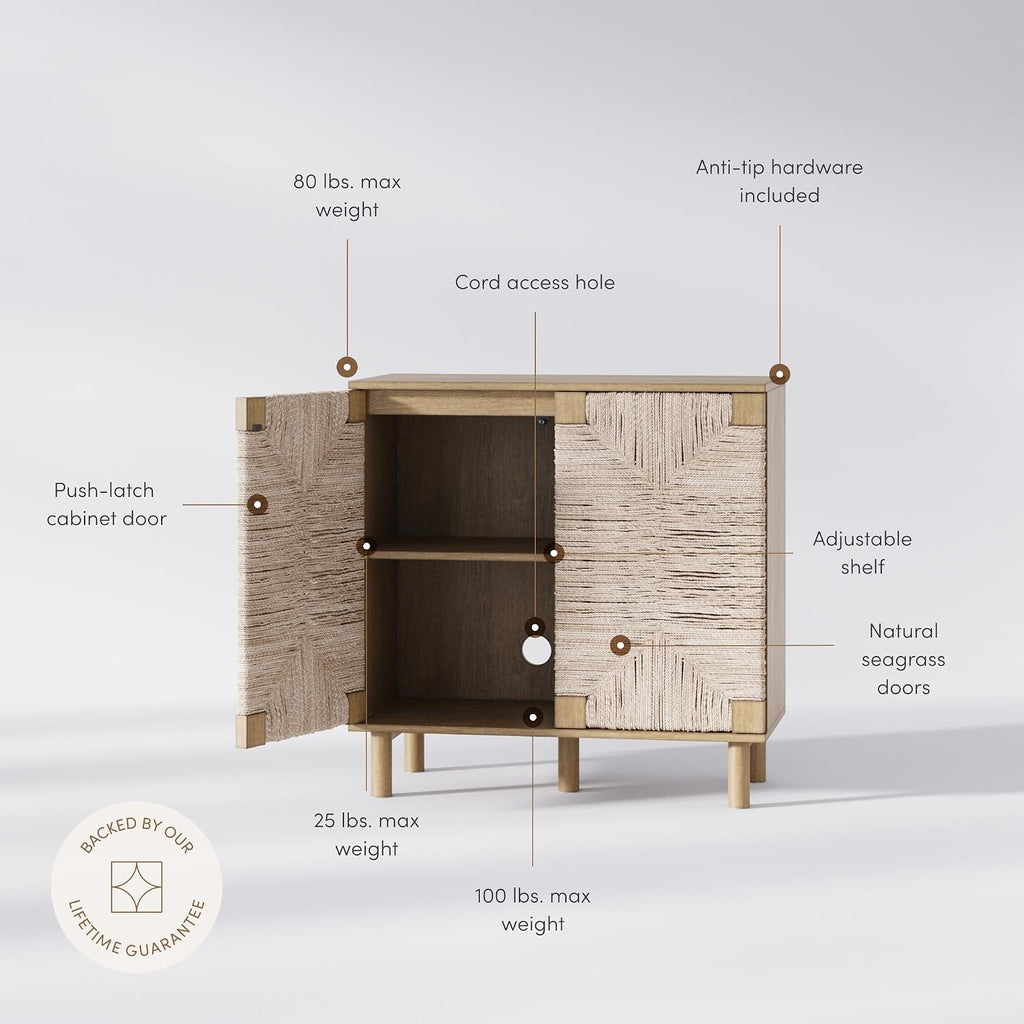 Nathan James Beacon Accent Buffet Sideboard Cabinet, Natural Light Wood Storage with Adjustable Interior Shelf and Seagrass Doors, for Hallway, Entryway or Dining Room, Light Brown