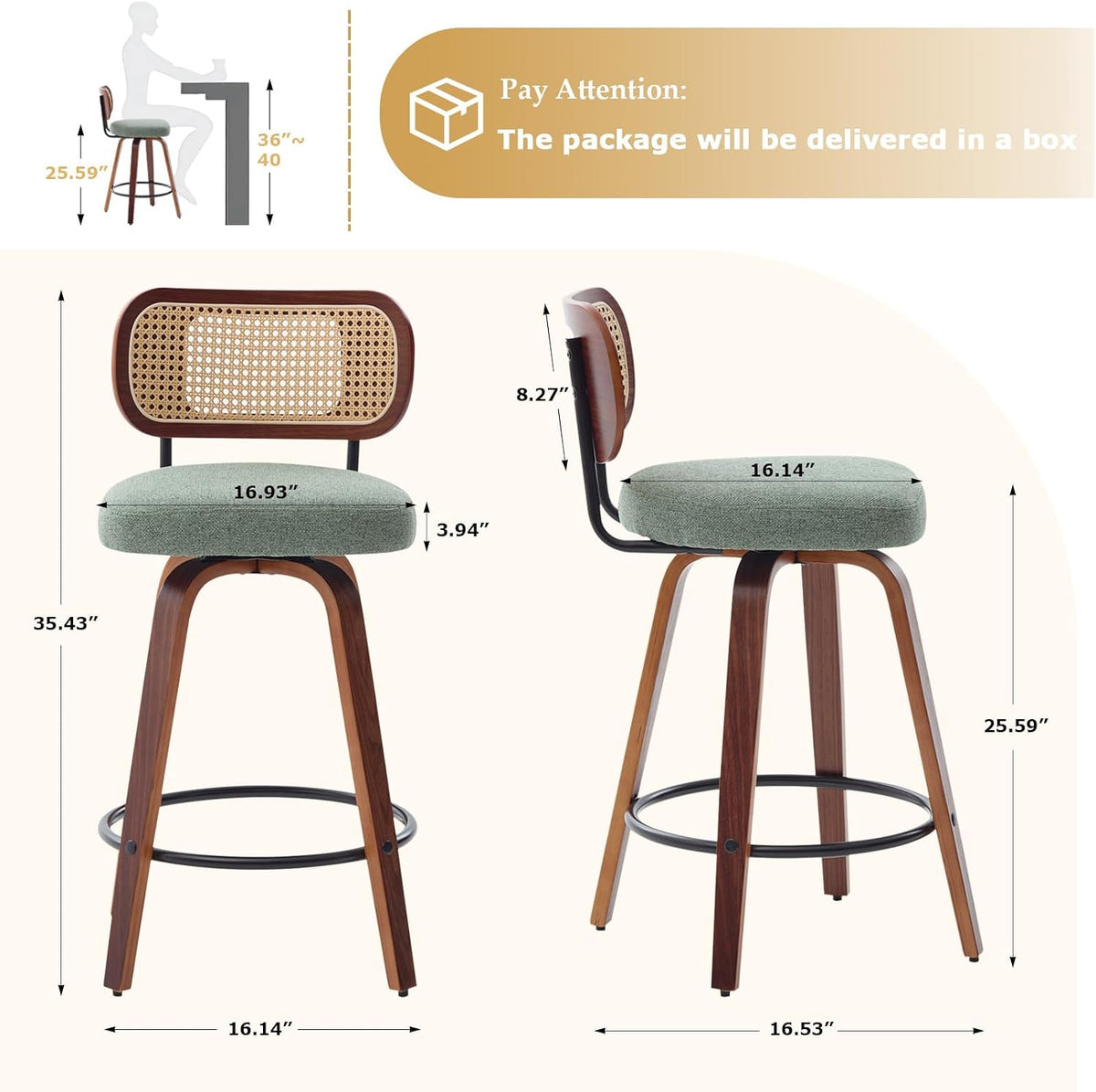 SoarFlash Modern Swivel Bar Stools Set of 3, 26" Counter Height Bar Stools with Walnut Wood Legs, Rattan-Back, PU Leather/Linen Seat, Metal Footrest for Kitchen Island