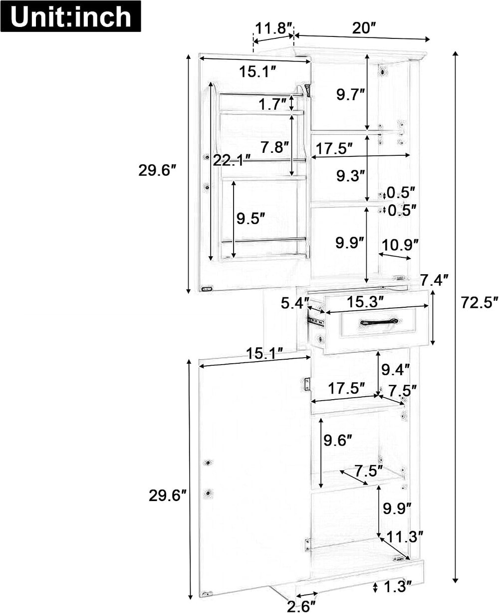 Favfurish 72" Tall Narrow Bathroom Storage Cabinet with 2 Doors & Dr...