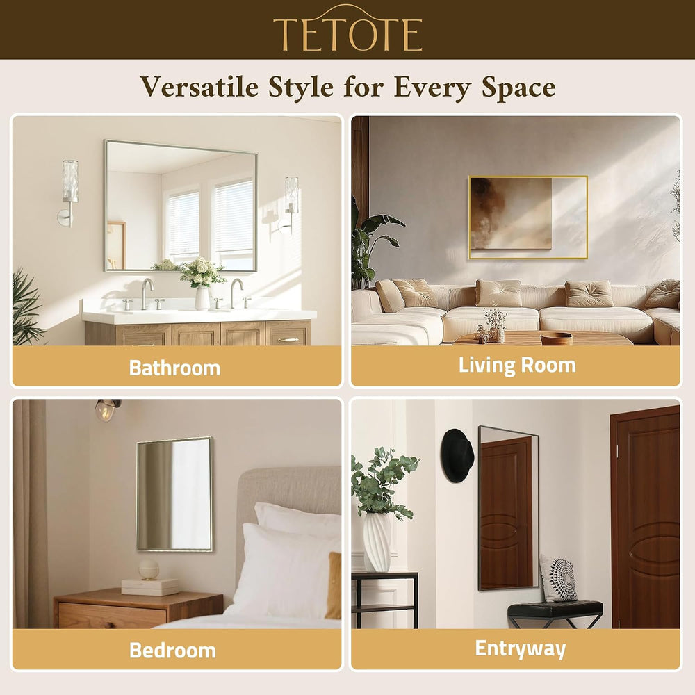 TETOTE Brushed Nickel Bathroom Mirror 48" x 24" Beveled Frame Recta...