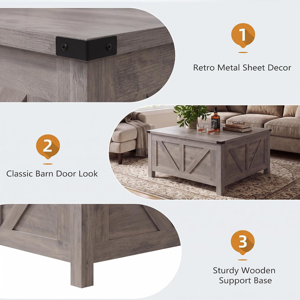 35” Farmhouse Coffee Table, Rustic Center Table with Lift Top