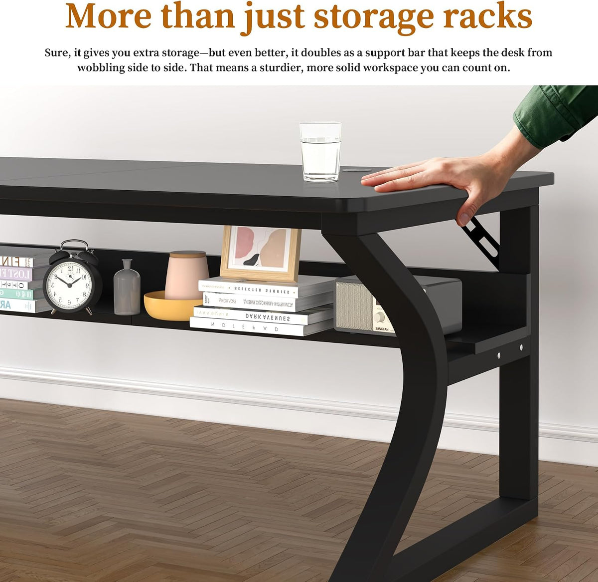47 inch Computer Desk, Home Office Desk with Storage Shelf, Sturdy U-Shaped Metal Frame Study Table with Cable Management, Gaming Desk for Office & Bedroom (Black, 47inch)