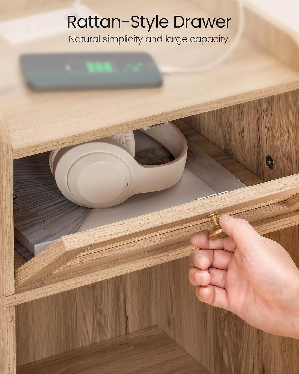 CHOEZON Nightstand with Charging Station, Side Table with Rattan-Style Drawer...