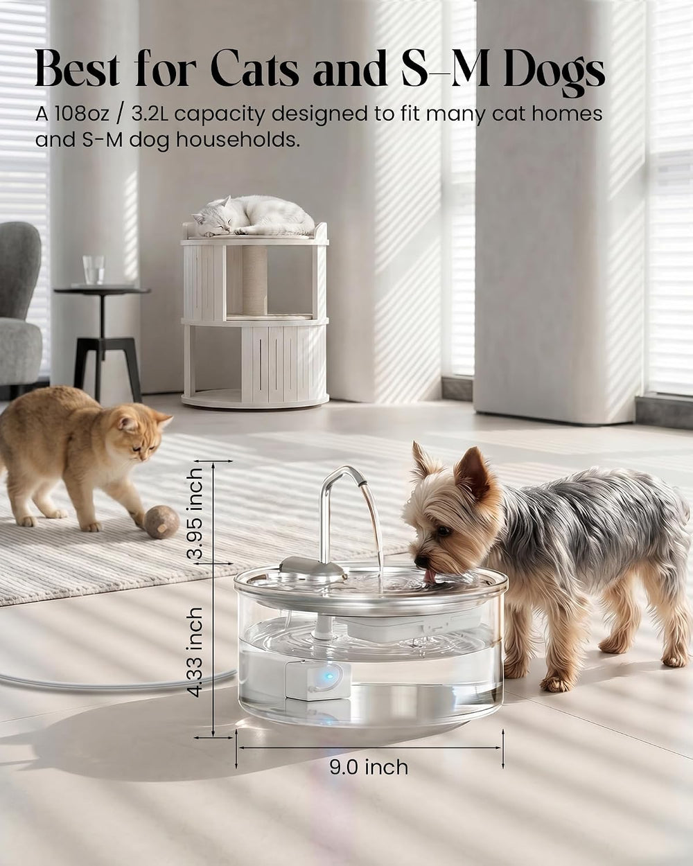 Tomxcute Glass Cat Water Fountain, 108oz Quiet Pet Dispenser for Drinking