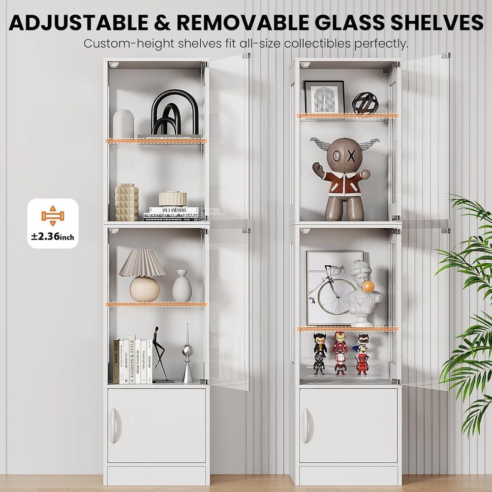 Display Cabinet with Glass Doors, RGB Lighting & Bottom Storage, White