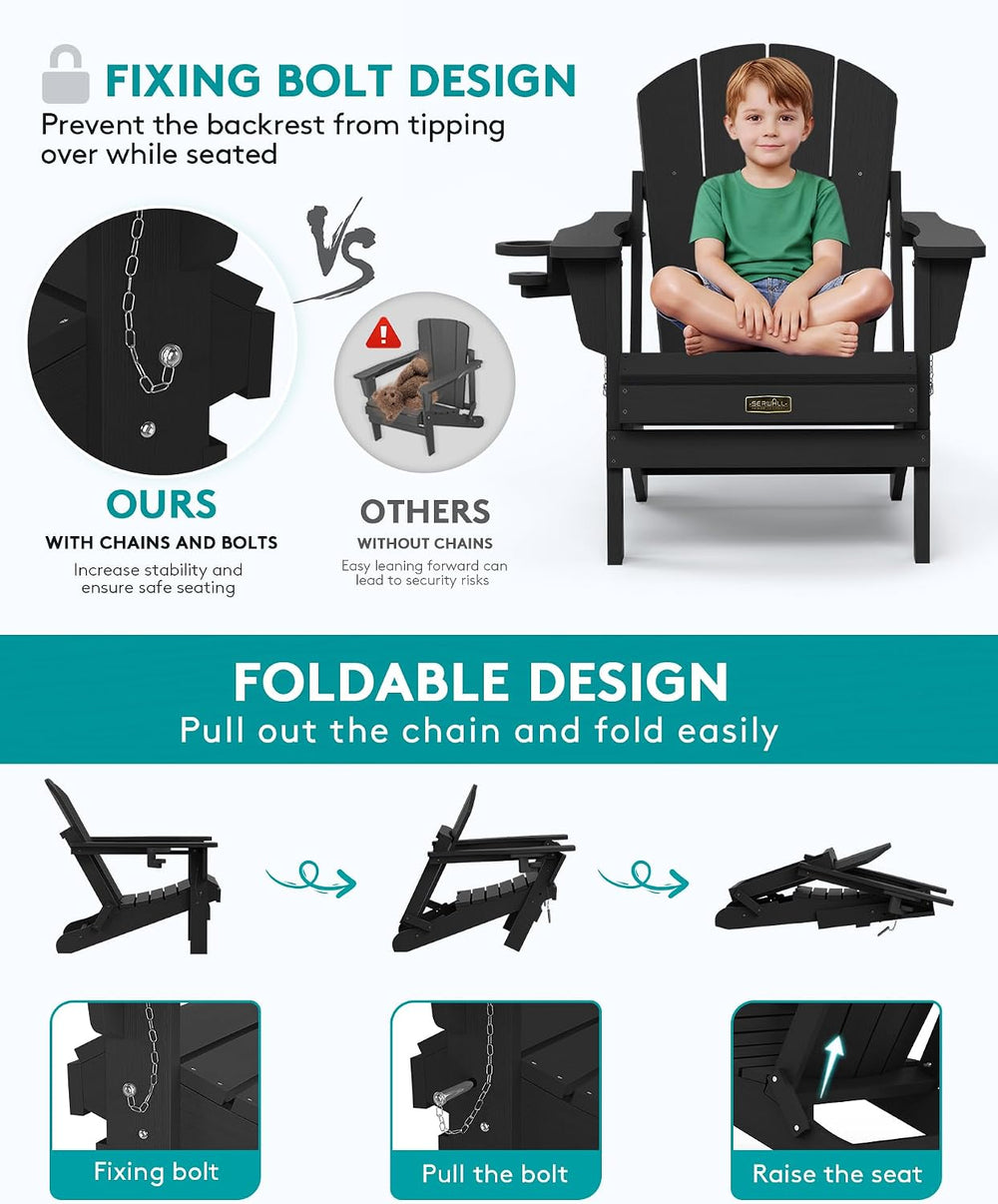 SERWALL Folding Adirondack Chairs with Cup Holder, Outdoor Fire Pit - Black