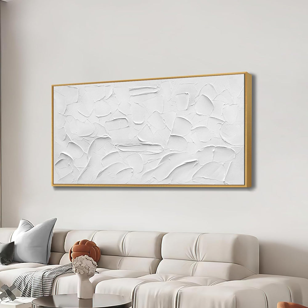 Abstract Large Hand-Painted White Textured Oil Painting Gold Frame Wall Art