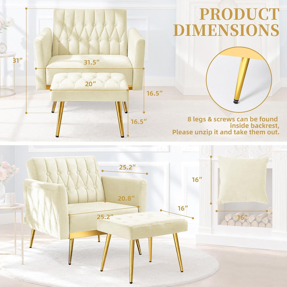 Velvet Accent Chair w/Ottoman & Adjustable Backrest, Beige