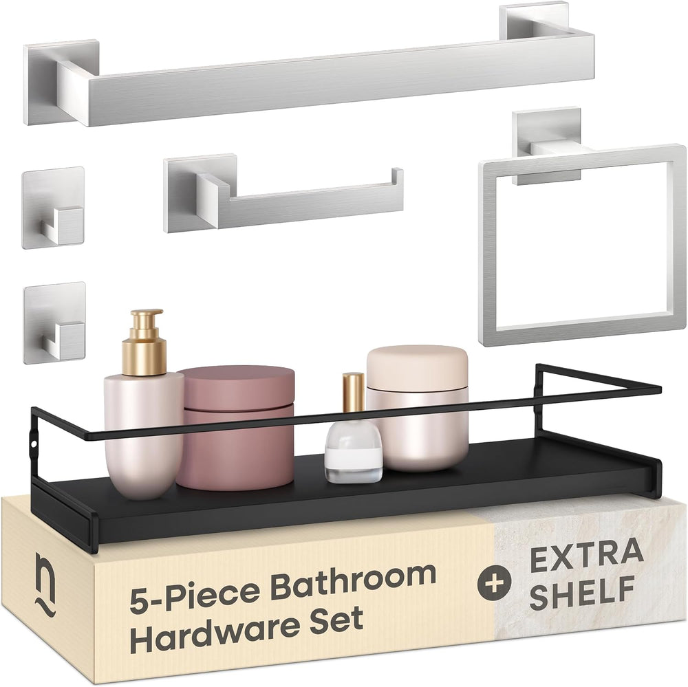 Brushed Nickel Bathroom Hardware Set, 5-Pcs + Shelf & 2 Adhesive Robe Hooks