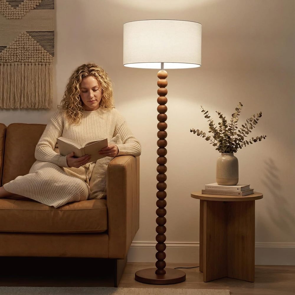Buruis 60.6 Inch Beaded Walnut Wood Floor Lamp with Linen Shade, Cream