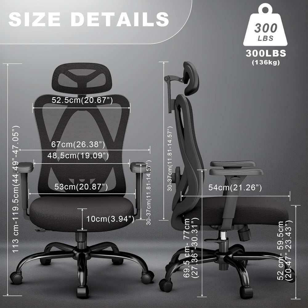 Mesh Office Chair with Headrest, Lumbar Support, 3D Arms, Wide Seat