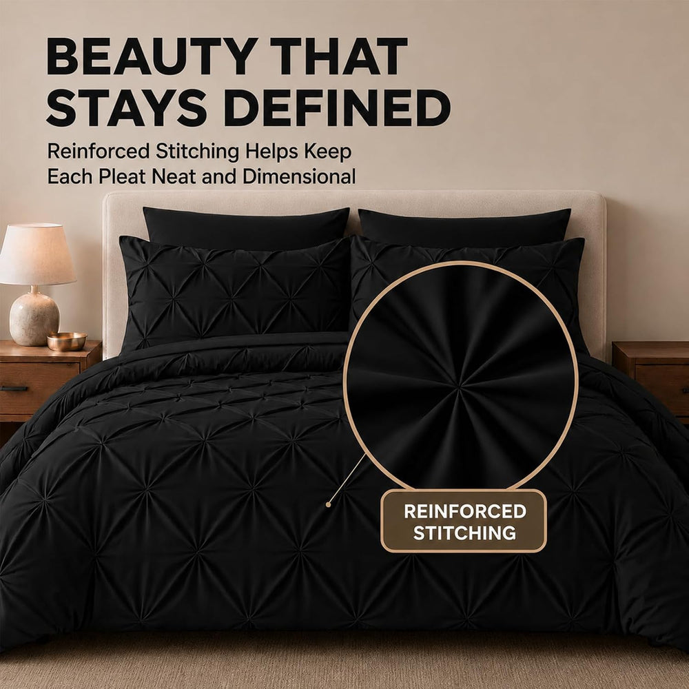 HIMEET King Size Comforter Set Black - 7 Pieces Pintuck Bed in a Bag