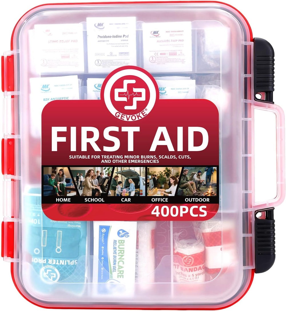 400 Piece First Aid Kit, Organized Dual-Layer Wall-Mountable Hard Case
