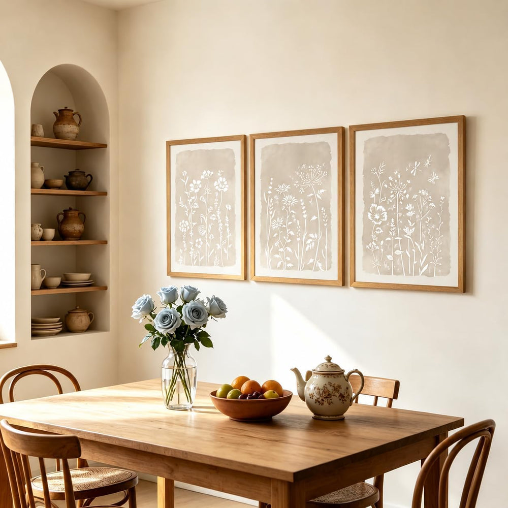 Neutral Floral Wall Art Set of 3, Brown Framed Botanical Canvas Prints