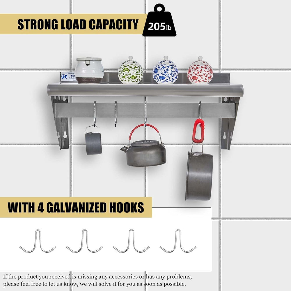 Hally Stainless Steel Shelf with 4 Hooks 12"x24" Wall Mounted Pot R...