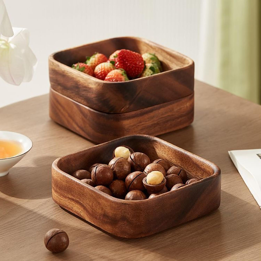 2 Piece Set Acacia Wood Snack Bowl, 5.9" Square Wooden Serving Tray with...