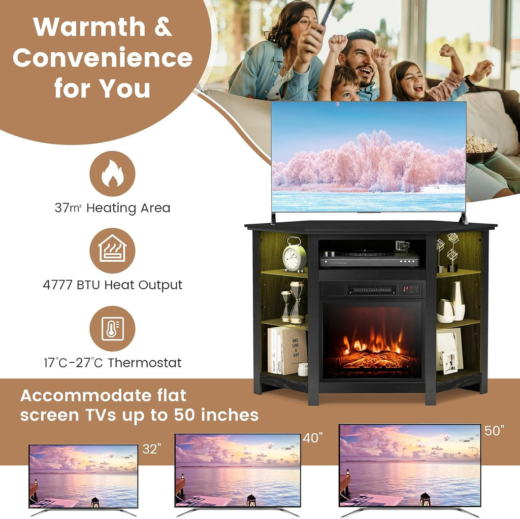RELAX4LIFE Corner Fireplace TV Stand - Electric Fireplace Entertainment Center w/Heater Insert, LED Lights, APP Control & Adjustable Shelves, Media Console Cabinet for TVs up to 50’’ (Black)