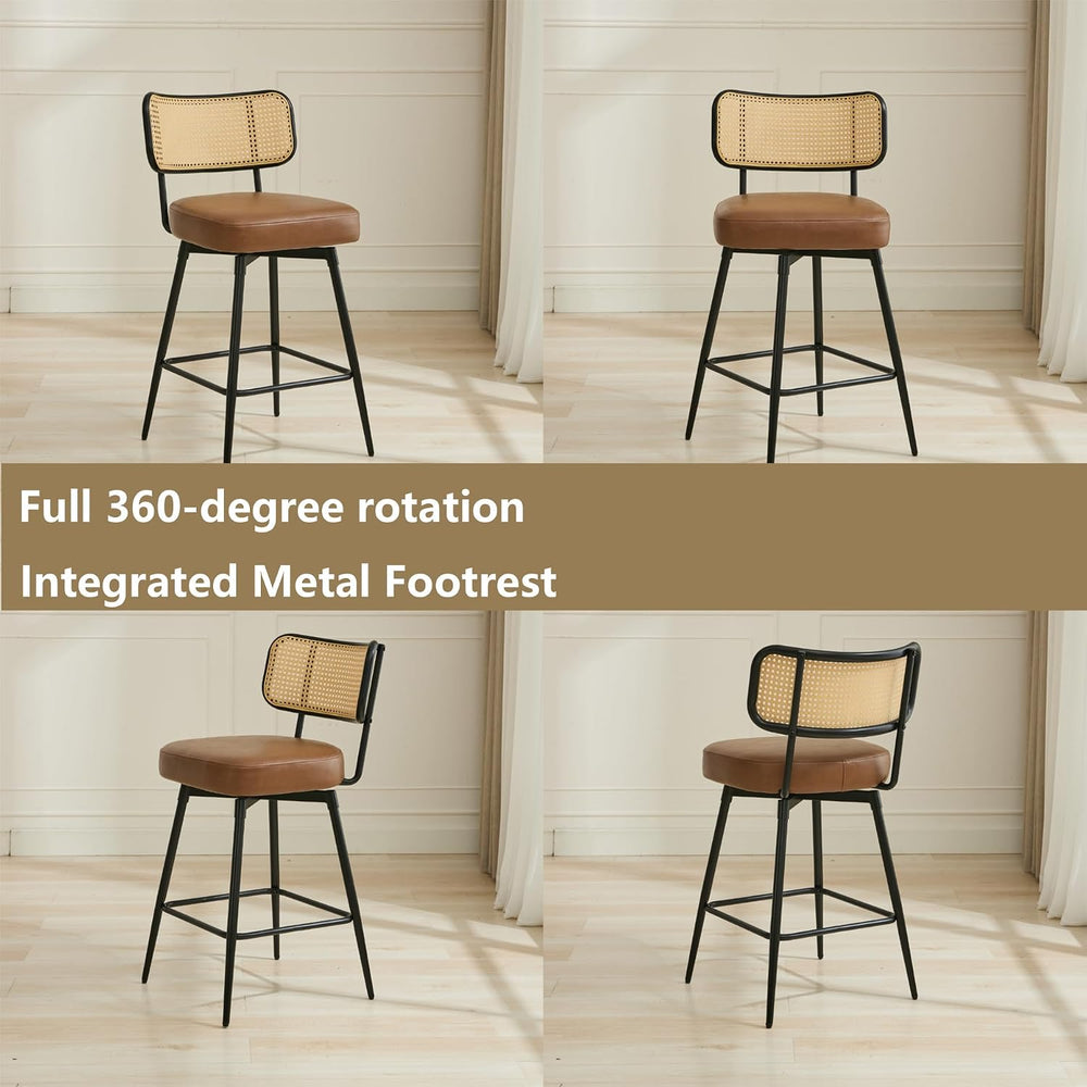 Rattan Bar Stools Set of 3, Swivel Counter Height, Brown