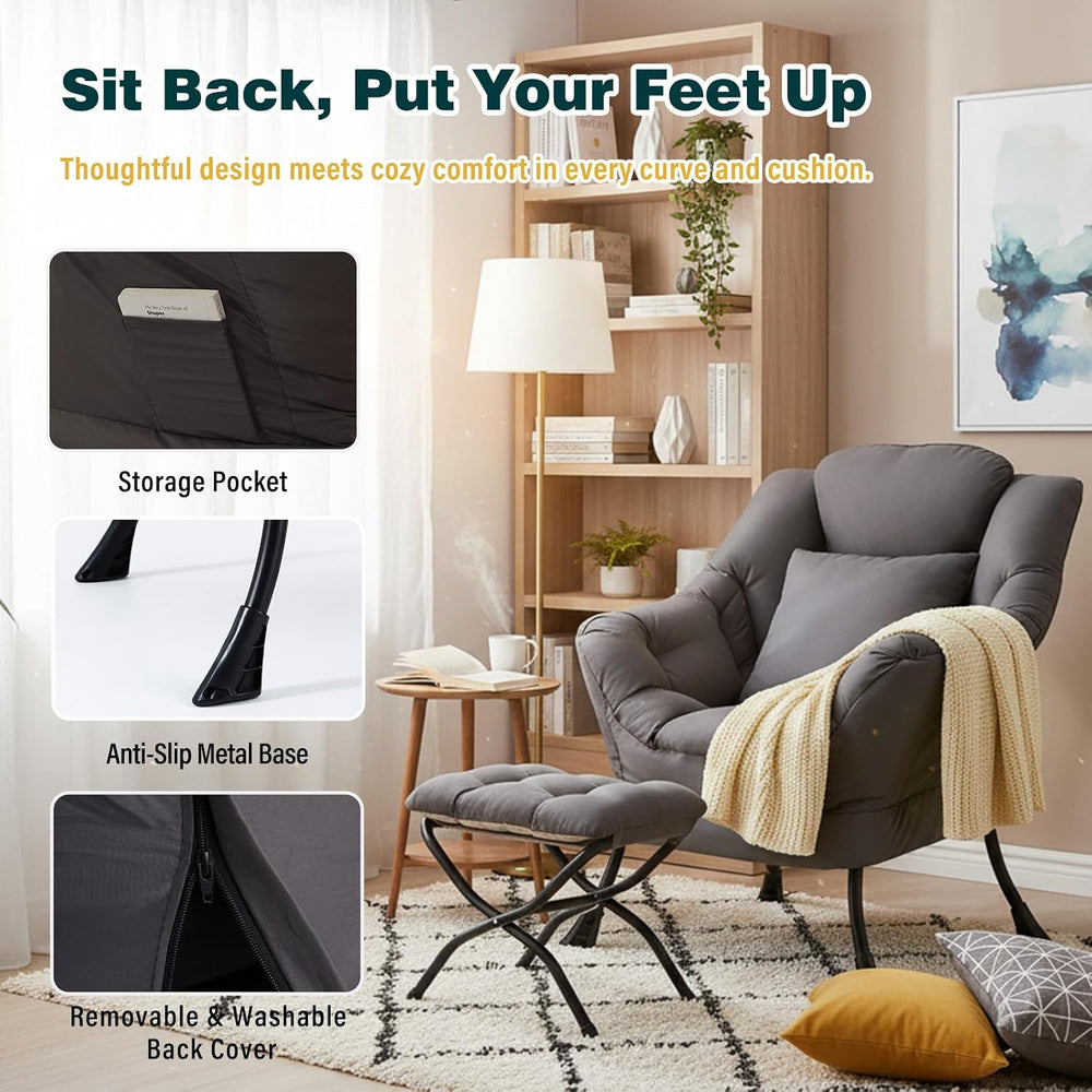 Lazy Chair with Ottoman, Comfy Reading Chair for Bedroom