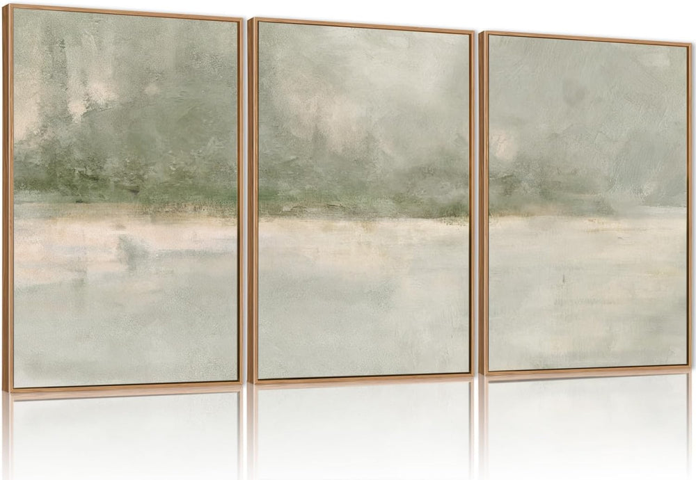 FWIEXA Grey Green Abstract Canvas Wall Art Set 3, Neutral Landscape Framed Pr...