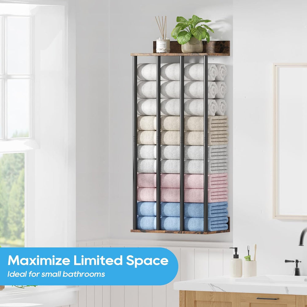 Wall Mounted 4-Bar Towel Rack with Wooden Shelf, Bathroom Storage Holder