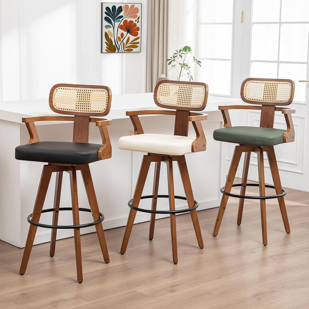 Rattan Bar Stools, 30 inch Mid Century Walnut Bar Stools with Curved Back