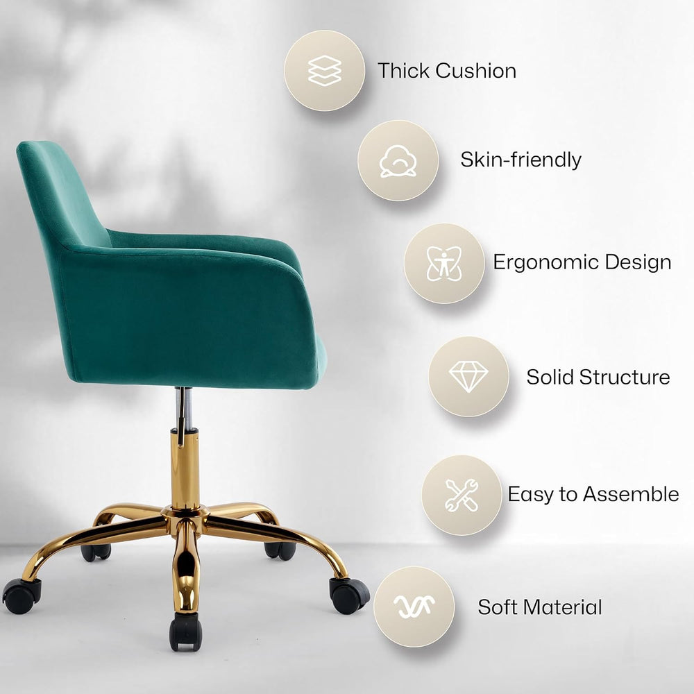 Office Velvet Faux Fur Vanity Desk Chair with Golden Base, Green