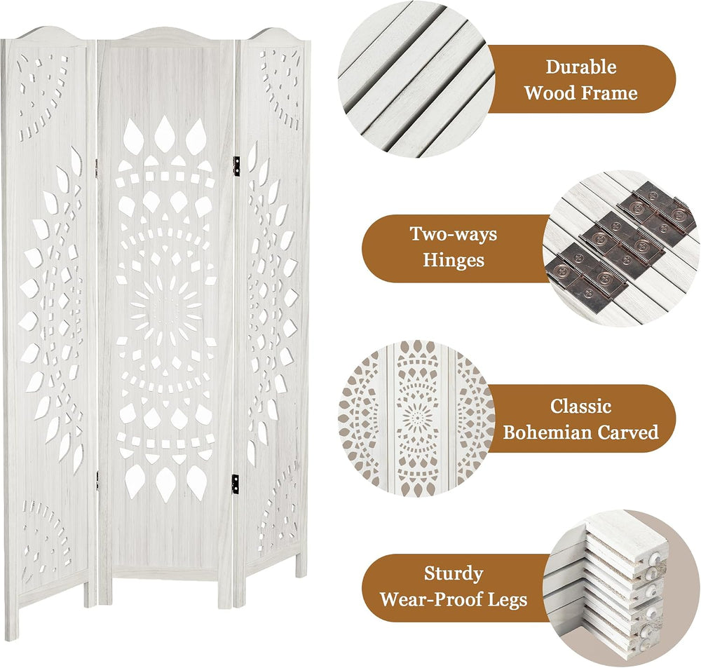 Room Divider 3 Panels,5.62FT Tall Boho Folding Wood Privacy Screen
