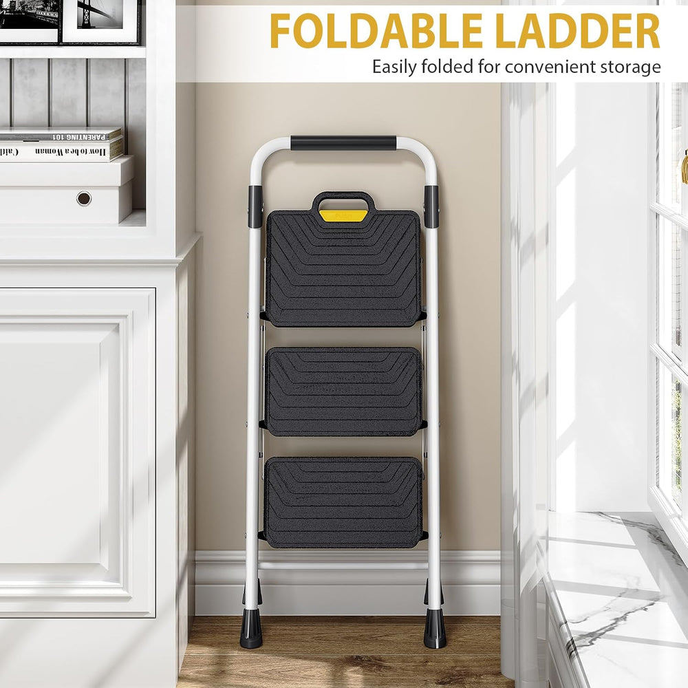 KINGRACK 3 Step Ladder, Folding Step Stool for Home and Kitchen, White