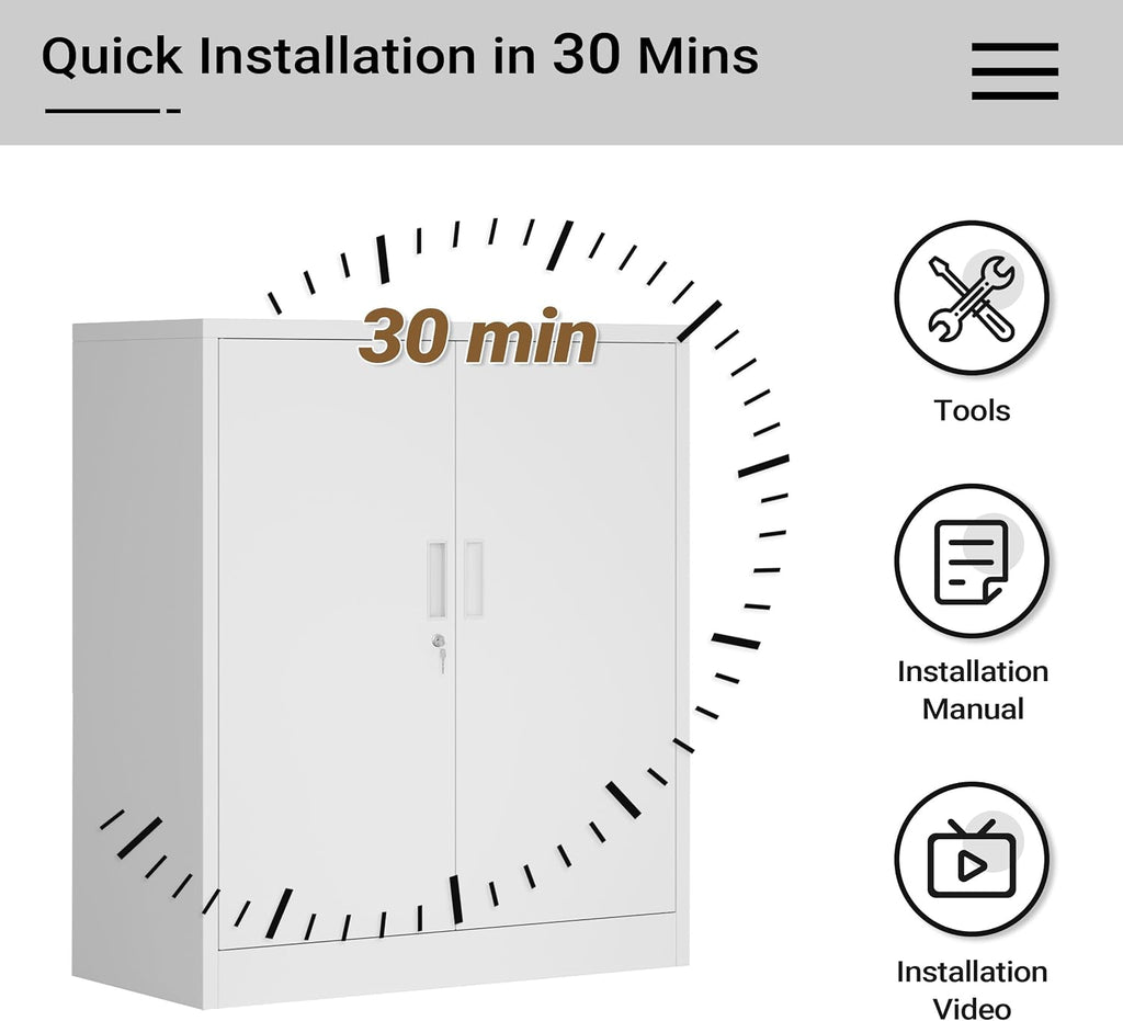 CJF Metal Storage Cabinet, 36" H Locking Storage Cabinet with Shelves and Doors for Home Office, Garage, Utility Room, Entryway(White)
