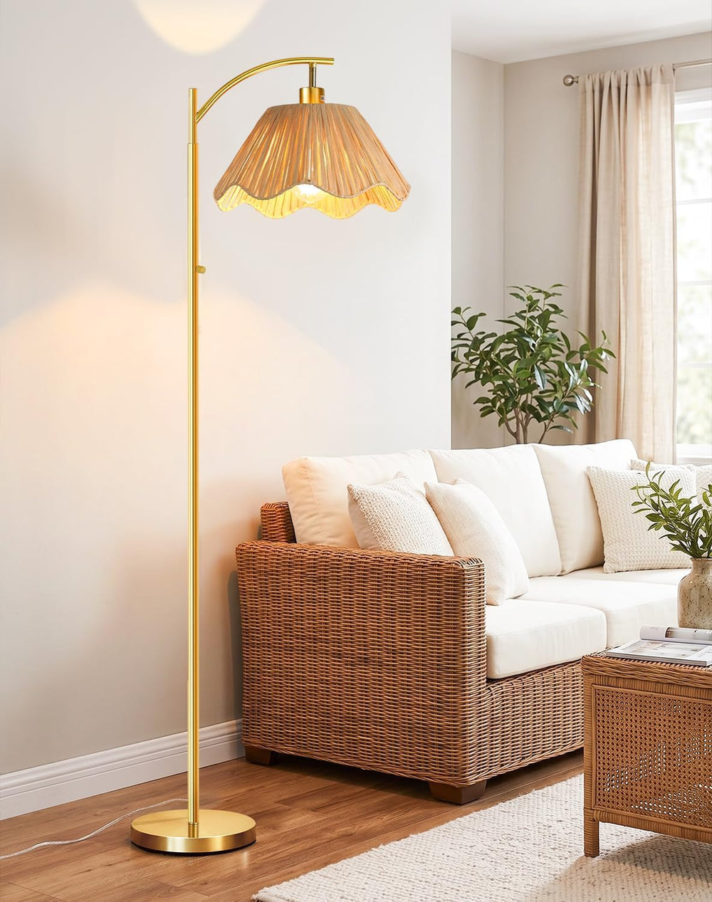 Arc Floor Lamp for Living Room, Rattan Boho Floor Lamp with Hand-Woven Raffia...